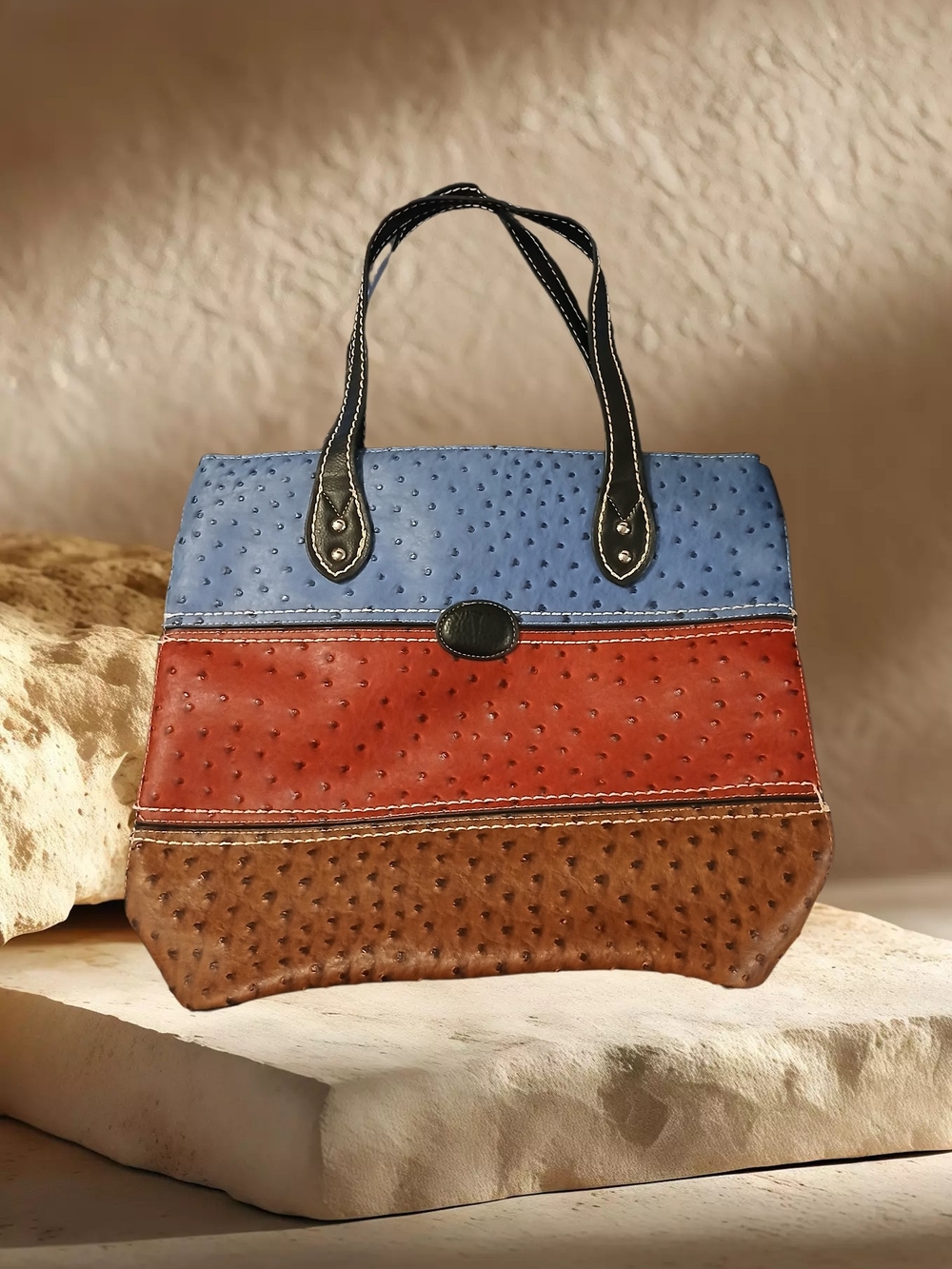 Tricolor Ostrich-Texture Tote Bag - Blue, Red & Brown